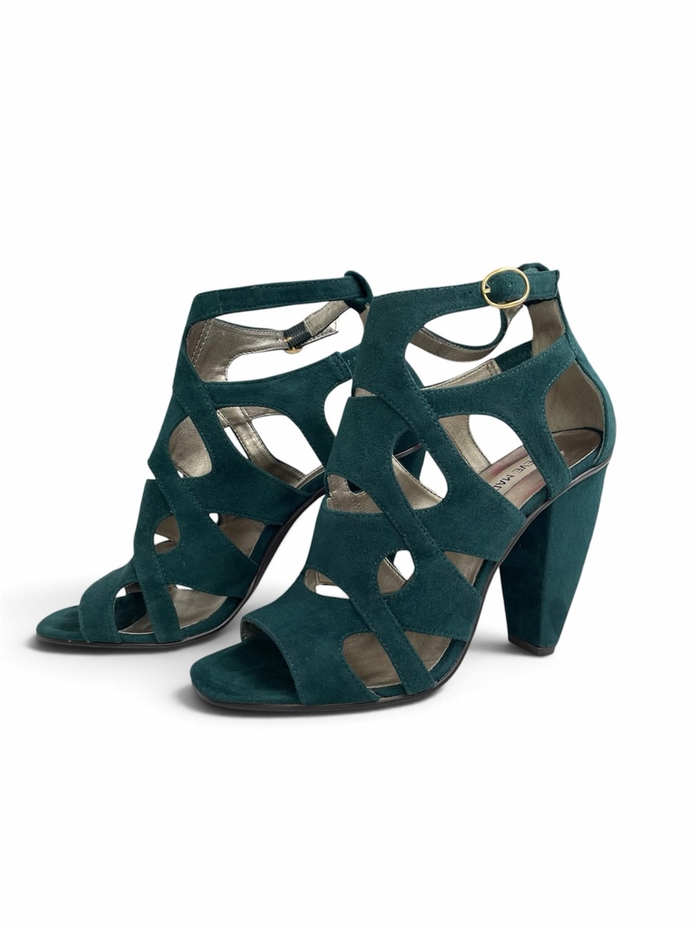 Steve Madden Size 7 Cutout Block Heel Sandals Portreit Dark Green Suede Strappy